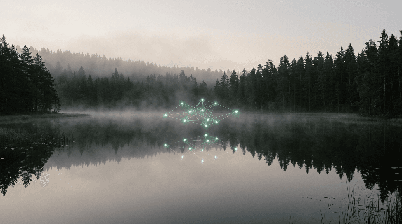A still forest lake at dawn with a quiet network of light above the water