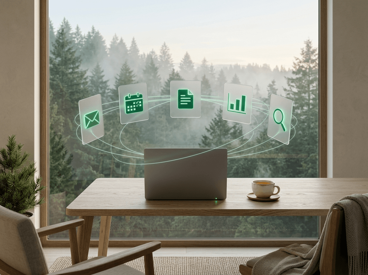 A calm desk by a forest window while AI agents handle the work in the background